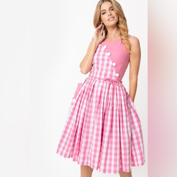 Unique Vintage Dresses & Skirts - NWT Unique Vintage Light Pink & White Gingham Hamilton Swing Dress M